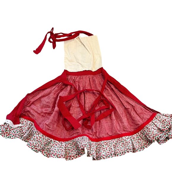 Vintage Handmade Kids Red Christmas Apron With Santa Cross-Stitch Design & Festi - Picture 2 of 3